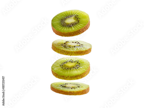 Slices of fresh kiwi fruit stacked in a visually appealing arrangement, showcasing vivid colors and textures