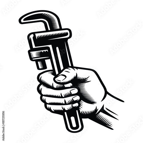 A strong working hand firmly grips a heavyduty adjustable pipe wrench, ready for plumbing or construction tasks, depicted in a bold black and white illustration, white