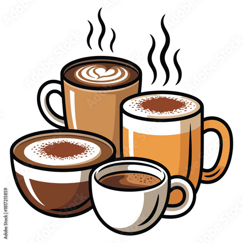 A cozy arrangement of steaming hot coffee, cappuccino, and hot chocolate drinks served in various mugs, cups, and bowls, perfect for a warm beverage break