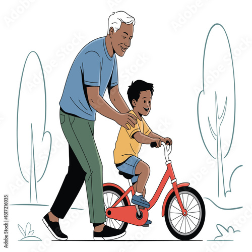 Grandfather teaching grandson to ride a bicycle outdoors, a heartwarming moment of family bonding and learning