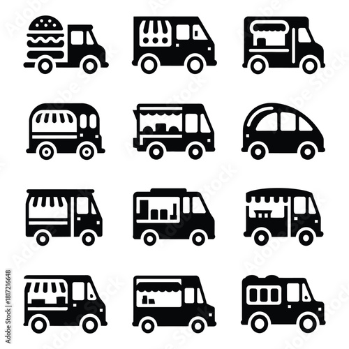 Black and white vector icons of food trucks and mobile vendors, illustrating street food businesses and culinary services, ideal for design projects
