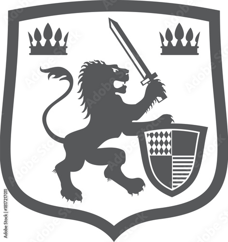 A black and white image of a lion holding a sword