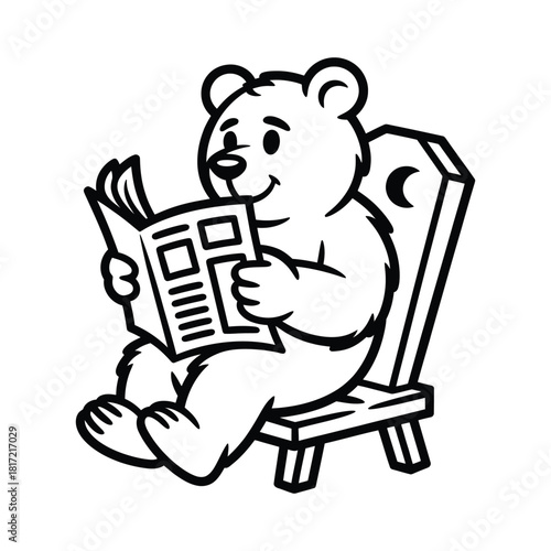 A cute cartoon bear character happily sits on a wooden chair, engrossed in reading a book or newspaper, presented as a clean black and white line art illustration