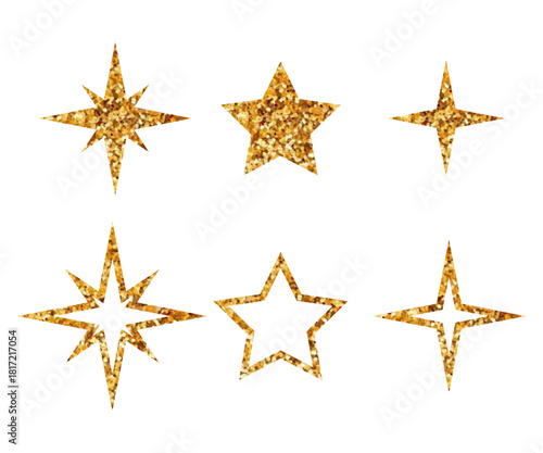 Set gold glitter star icons. Doodle stars symbols. Shiny decorative element for postcard, cover, invitation or holiday design.