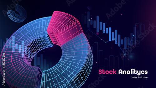 Futuristic financial analytics interface. Fintech analytics digital data dashboard. Financial data processing ai system with abstract 3d wireframe ring chart statistics. Finance data solutions
