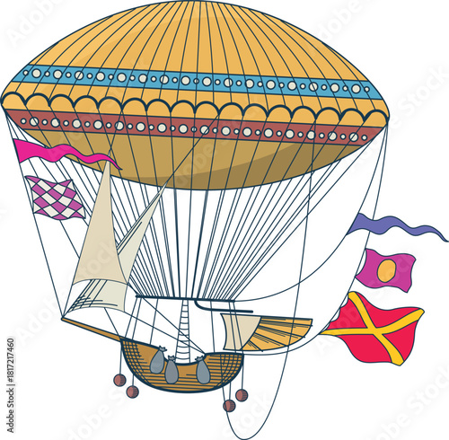 A large yellow balloon with a sail and flags attached to it