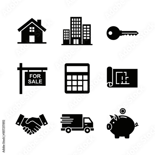 Real estate icon set featuring houses, keys, and transactions in black