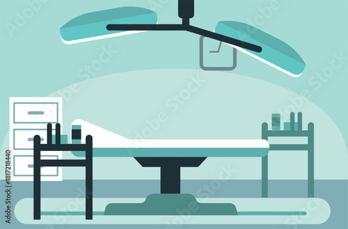 A hospital room with a bed and a surgical table