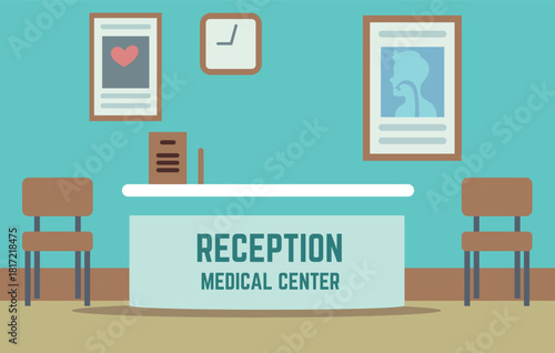 A medical center reception area with a clock on the wall