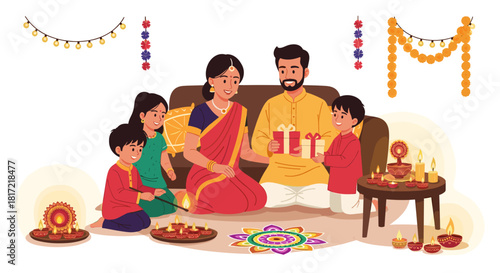 Indian Family Celebrating Diwali with Diyas, Rangoli, Gifts and Festive Decorations at Home, colorful holiday vector illustration