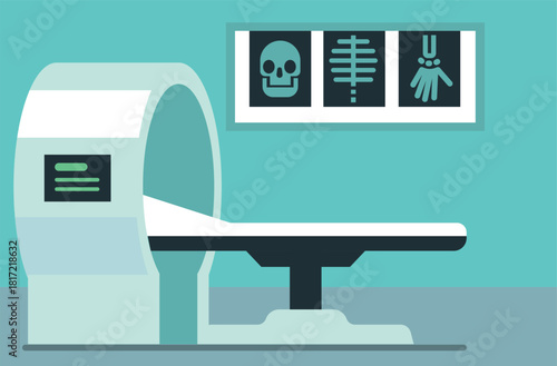 A medical room with a CT scan machine and a skull on the wall