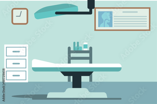 A hospital room with a clock on the wall and a picture of a man on a clipboard