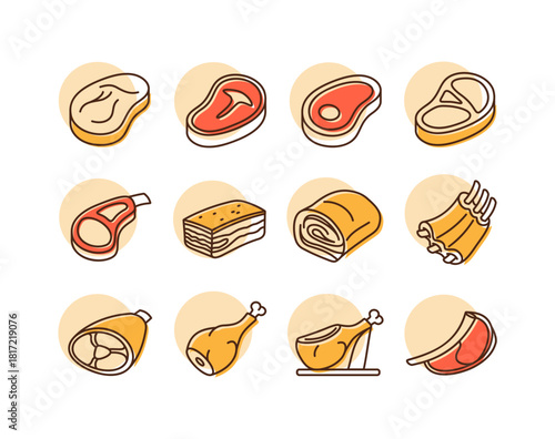 Various Meat Cuts Minimal Flat Icon Set