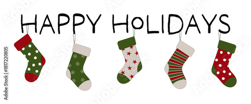 Happy Holidays - Schriftzug in englischer Sprache - Schöne Feiertage. Grußkarte mit bunten Weihnachtsstrümpfen.