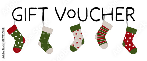Gift Voucher - Schriftzug in englischer Sprache - Geschenkgutschein. Grußkarte mit bunten Weihnachtsstrümpfen.