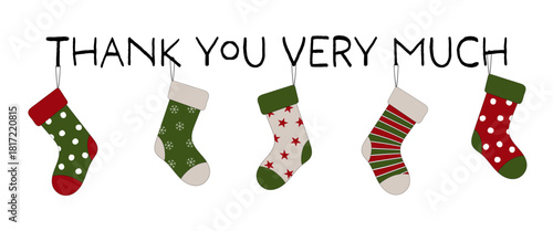 Thank you very much - Schriftzug in englischer Sprache - Vielen Dank. Grußkarte mit bunten Weihnachtsstrümpfen.