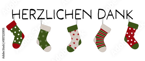 Herzlichen Dank - Schriftzug in deutscher Sprache. Grußkarte mit bunten Weihnachtsstrümpfen.