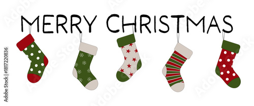 Merry Christmas - Schriftzug in englischer Sprache - Frohe Weihnachten. Grußkarte mit bunten Weihnachtsstrümpfen.