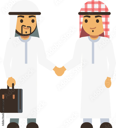 Two men in white robes shaking hands and one of them is holding a briefcase