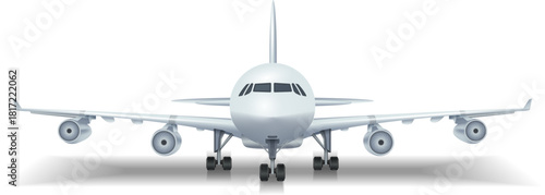 A white airplane is parked on the runway