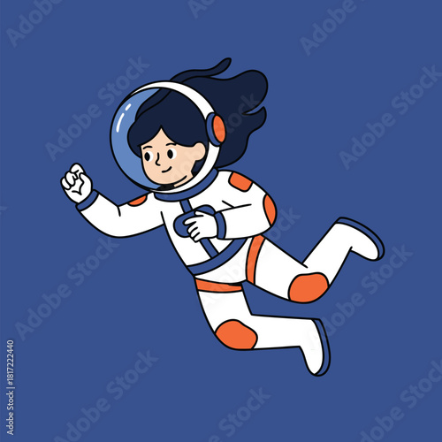 A cute cartoon astronaut character floating in a blue space background.
