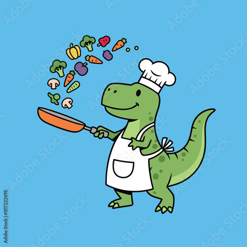 A cute cartoon green dinosaur chef wearing a hat and apron, happily cooking colorful vegetables in a frying pan on a light blue background.