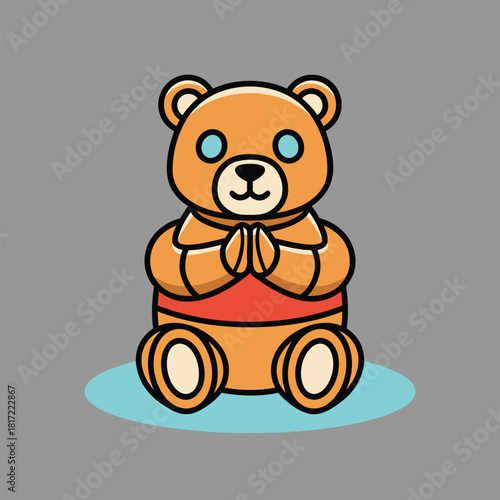 A cute cartoon bear character sitting in a meditative pose with its paws together, wearing a red sash.