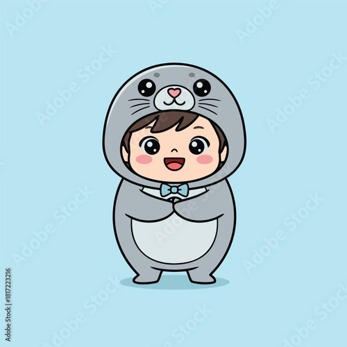 A cute cartoon child dressed in a grey seal costume with a blue bow tie, smiling happily on a light blue background.