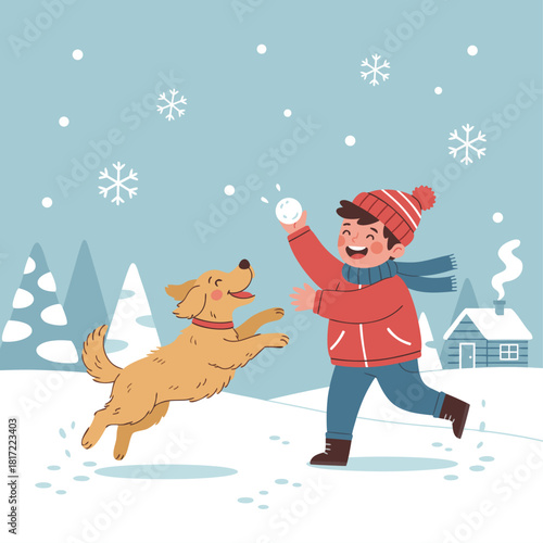 A happy boy in winter clothes playing with his golden retriever dog in a snowy landscape with falling snowflakes.