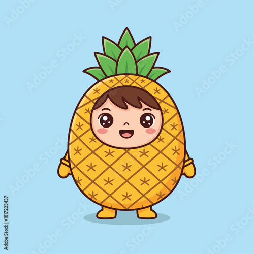 A cute cartoon child with big eyes and a happy expression wearing a full pineapple fruit costume against a light blue background.