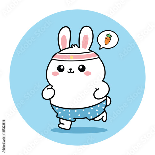 A cute cartoon white rabbit wearing a pink headband and blue shorts, jogging with a thought bubble of a carrot, set against a light blue circular background.