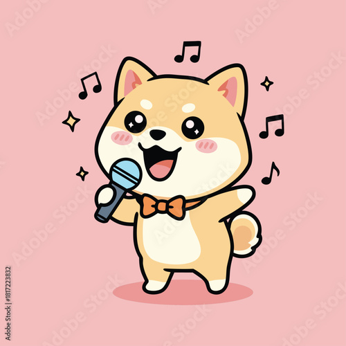A cute cartoon Shiba Inu dog singing into a microphone with musical notes and sparkles on a pink background, wearing a bow tie.