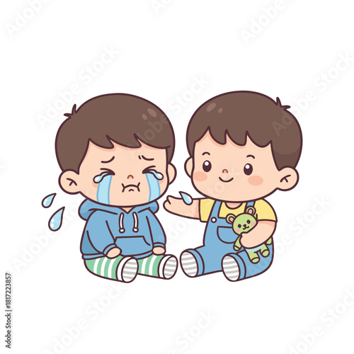 A cartoon illustration of one boy comforting another boy who is crying, showing empathy and friendship.