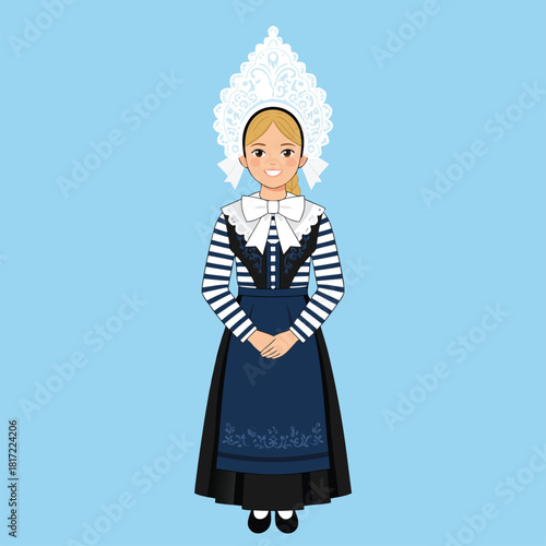 Illustration of a young woman in traditional Breton costume with a large lace coiffe and striped top.