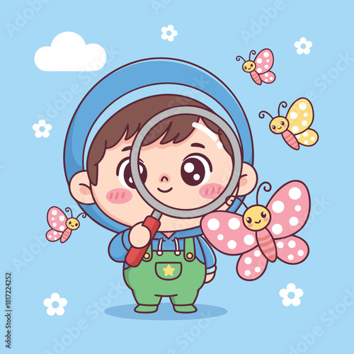 A cute cartoon boy in a blue hoodie and green overalls holding a magnifying glass, observing colorful butterflies flying around him in a light blue sky.