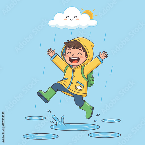 Happy cartoon boy in yellow raincoat and green boots joyfully jumps in puddles under a smiling rain cloud with the sun peeking through.