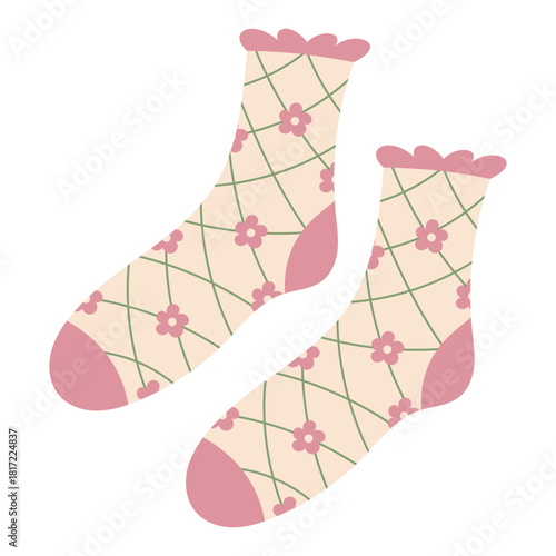 Modern colorful cotton socks with trendy prints and different textures. Cozy knitted socks. Flat vector illustration isolated on white background.