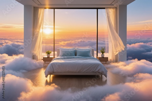 Imagine a serene bedroom floating among soft clouds, bathed in warm sunrise light, a perfect escape from the world