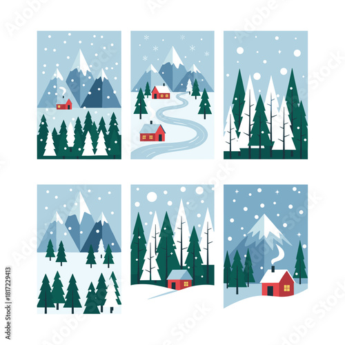A compilation of winter scenes featuring snow‑covered peaks, fir trees in drifts, rural homes or ski resort hotels, and falling snow—ideal for use in cards, flyers, invitations, ads, and brochures