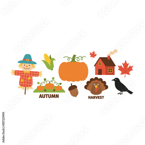 This vector illustration set includes autumn-themed clipart featuring a scarecrow, pumpkin, gnome, house, acorn, corn, maple leaf, and crow, perfect for harvest festivals and Thanksgiving