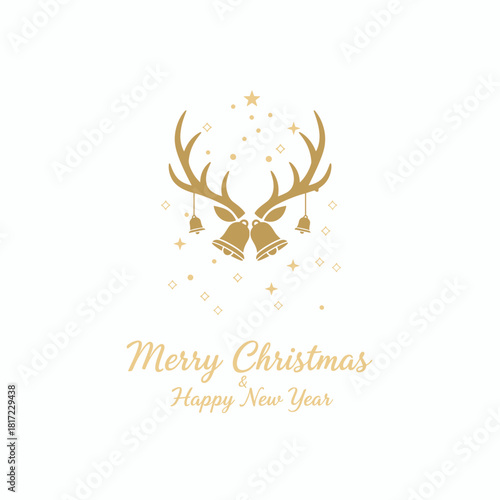 Elegant Christmas greeting card vector set design featuring merry Christmas invitation cards with gold glitter, an Xmas tree, deer, ball, and horn glittering ornaments in a red and white template;