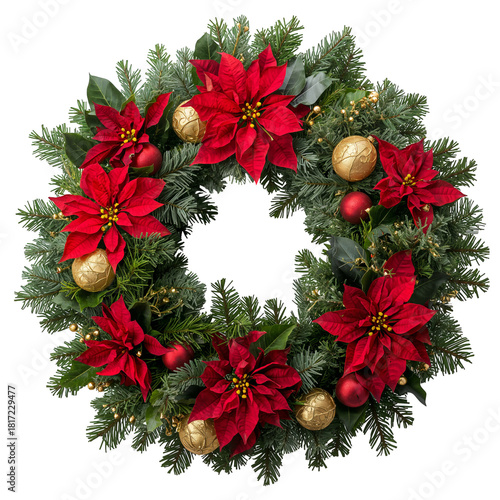 Christmas Wreath With Red Poinsettias and Gold Ornaments Designed for Holiday...