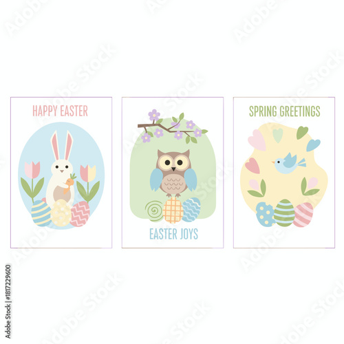 A spring-themed Easter backdrop featuring eggs, a bunny, a chick, and tulips, designed as a template for greeting cards with a space for text
