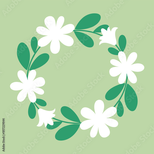 Spring background adorned with green jasmine leaves framing the scene, vector banners of jasmine flowers, an Asiatic jasmine watercolor illustration, hand‑drawn element design, and an artistic vector
