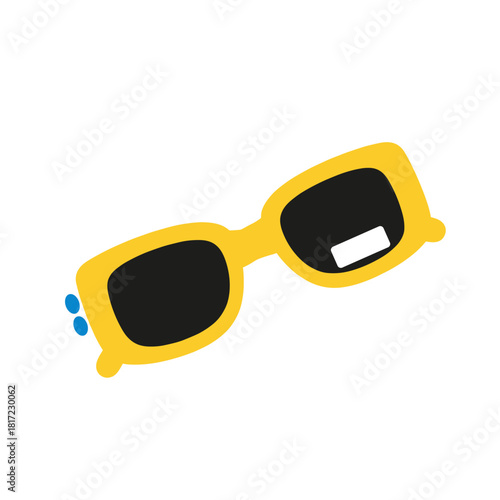 A vector illustration of cool hipster sunglasses: yellow frames with black lenses set against a white background, featuring a cartoonish orange summer icon for kids, complete with label and sign