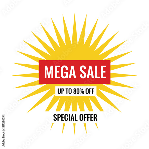 A comic‑backed sale banner template featuring a big sale up to 80% off, a super sale end‑of‑season special offer, vector illustration, and a mega sale