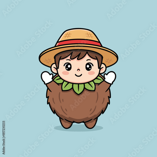 Cute cartoon child dressed as a kiwi fruit with a straw hat and white gloves on a light blue background.