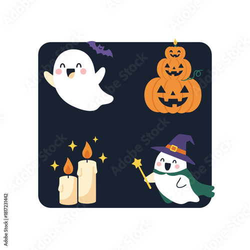 Set of Halloween ghosts and pumpkins featuring boo characters, spooky silhouettes draped in sheets, eerie faces, creepy spooks, horror shadows, October holiday spirits, presented as isolated flat
