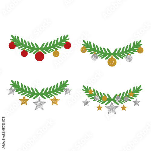Vector illustration of Christmas holiday décor featuring a fir tree garland, divider, gold and red glittering ornaments, sparkling balls, stars, ribbons, and elements for New Year banners, headers