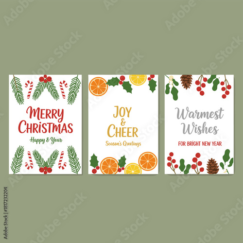 A collection of Christmas card templates featuring floral motifs and handwritten calligraphy, styled in a trendy vintage fashion